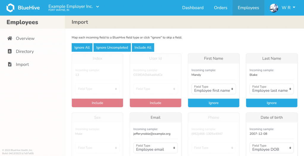 bluehive employee import field mapping CSV example